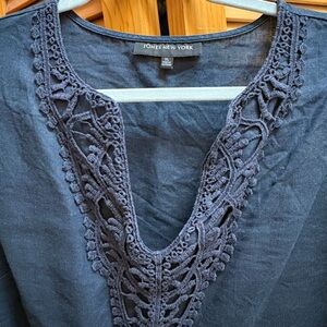 Jones New York Navy Crochet-Trim Peasant Top